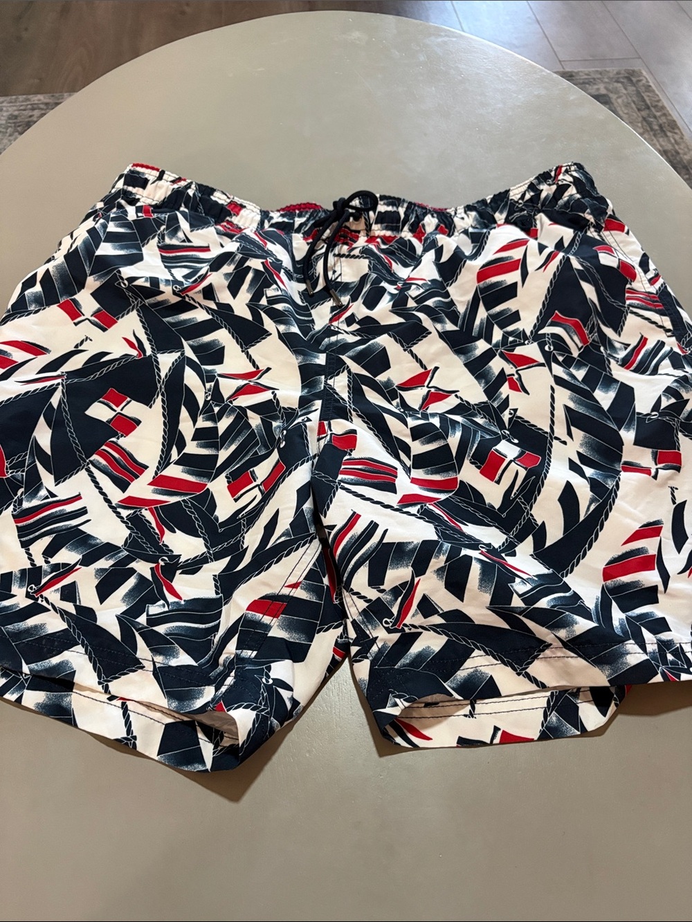 Lands' End Navy, White & Red Abstract Print Swim Trunks